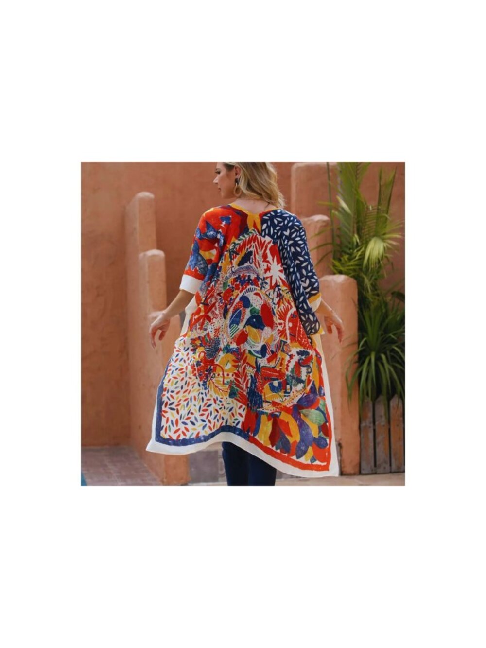 Red Abstract Tropical Tassel Kimono Beach Coverup One Size Cruise Travel Vacatio - Picture 4 of 5